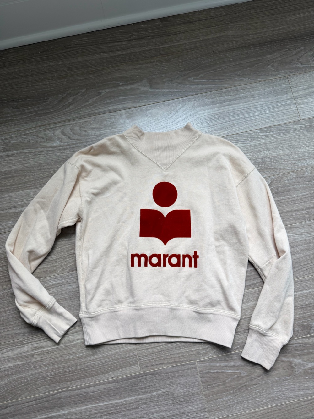 Isabel Marant Etoile Moby Ecru Cream with Red Flocked Logo Pullover Sz 34 (XS)